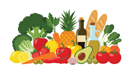 Large colorful arrangement of fresh, healthy food including fruits, vegetables, olive oil, and bread, representing a balanced diet and nutrition.