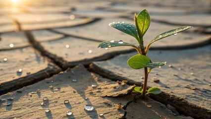 Tiny sapling pushing through cracked earth in bright sunlight