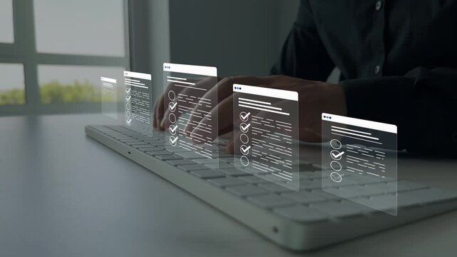 Businessman doing online data checklist survey. Fast checklist,clipboard task business management.Productivity checklist and filling survey form online	
