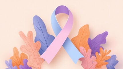 Breast Cancer Awareness Ribbon with Colorful Autumn Leaves
