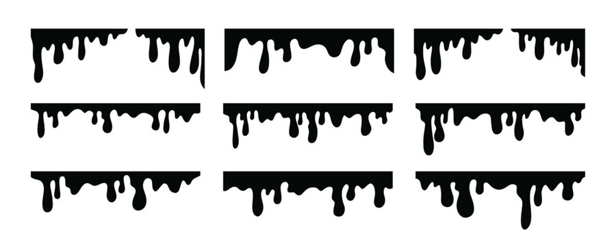 Dripping and melting liquid borders set. Hand drawn vector elements for sweet, spooky, or abstract design such as candy, slime, and Halloween themes. Dripping melting borders for abstract frames.