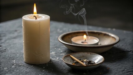 Lit candle emitting smoke and a small tealight in a bowl
