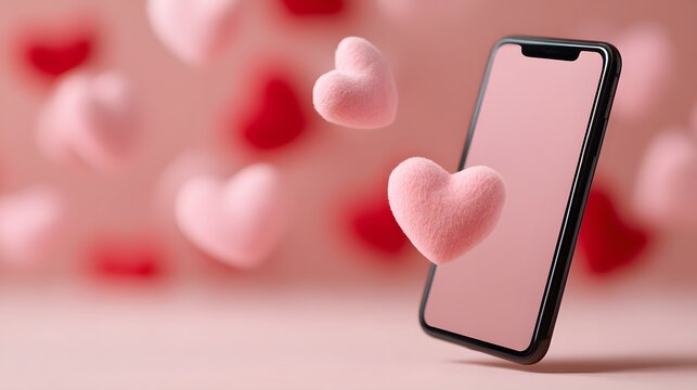 Smartphone mockup with a pink blank screen and fluffy pink and red hearts flying around, online dating