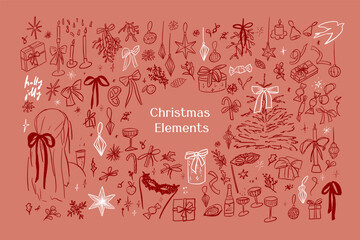 Hand drawn sketch elegant delicate spruce winter Christmas elements