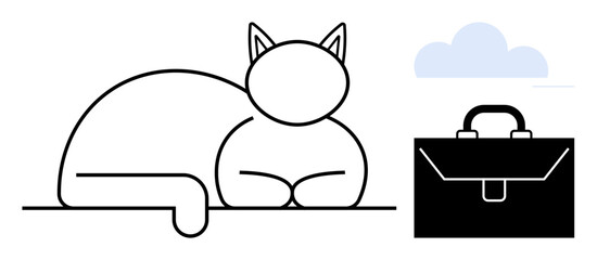 Outlined cat resting with a briefcase and light cloud, blending work-life harmony, relaxation, freedom, minimalism, balance, organization, mindfulness. Ideal for a simple flat metaphor
