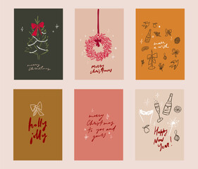 Hand drawn elegant delicate Christmas greetings cards illustrations