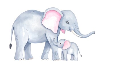 Obraz premium Watercolor illustration of a mother elephant and her calf. Gentle, pastel colors
