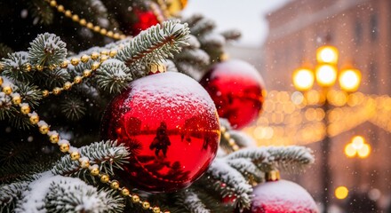 Close-up of snowy red Christmas tree ornaments and golden beads with warm bokeh city lights background.