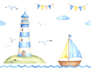 Naklejka premium Watercolor illustration of a lighthouse, sailboat, and island