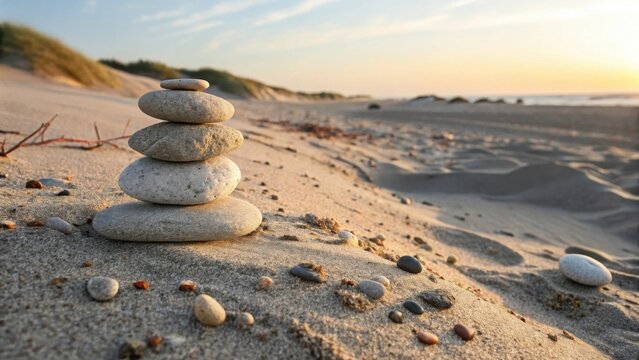 Stacked stones on a sandy beach balancing in sunlight - Powered by Adobe