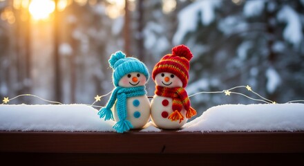 Two adorable knitted snowman decorations standing on snowy railing against warm golden winter sunset.
