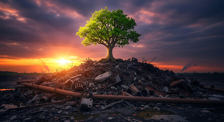 Tree of Life Hope Sprouts Amidst Industrial Decay, Embracing Resilience