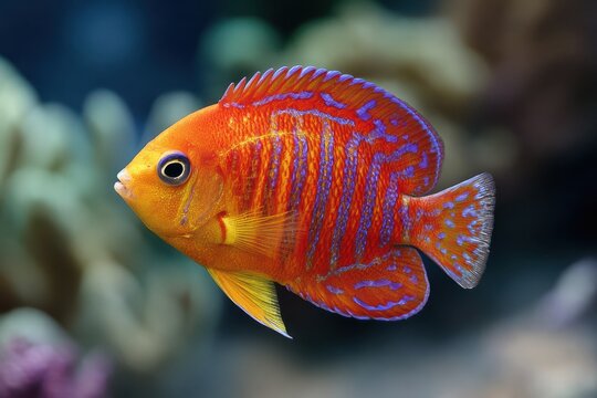 Vibrant Flame Angelfish (Centropyge loricula) Swimming Gracefully in Tropical Marine Environment with Blue and Red Hues