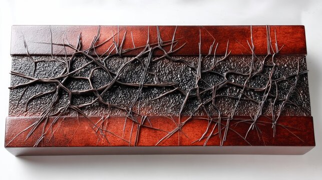 A rectangular wooden panel with a textured, dark gray central band and an abstract, dark brown branch-like design overlaying it. The outer edges of the panel ha