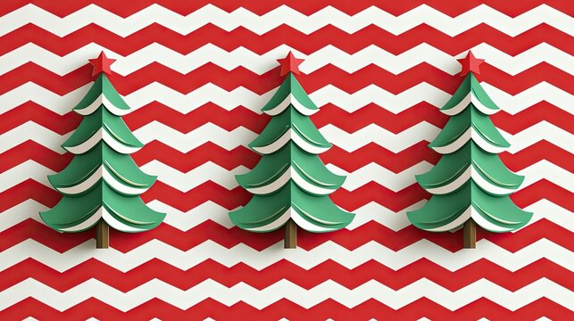 Three green, stylized Christmas trees with red star toppers are arranged horizontally against a vibrant red and white chevron pattern background. The trees appe