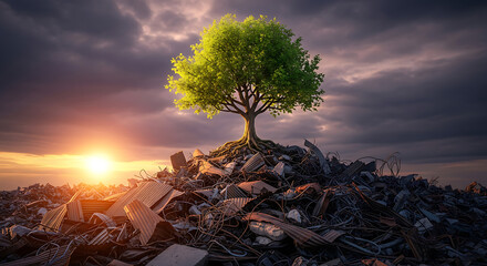 Hopeful tree grows from a pile of garbage, symbolizing resilience and environmental rebirth at sunrise