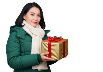 Elegant asian woman in green winter coat holding golden gift box with red ribbon for christmas, birthday, or holiday celebration stock photo isolated on transparent background