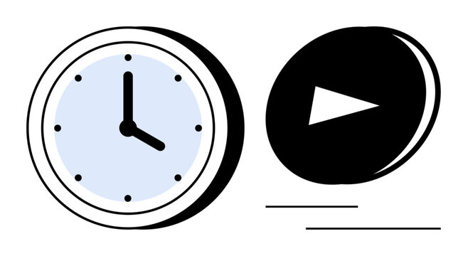 Analog clock with play button beside it denotes balance of timing and execution. Ideal for productivity, time, efficiency, workflow, scheduling, progress, planning. Simple flat metaphor