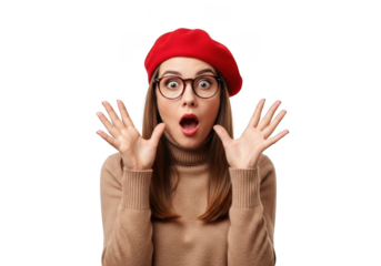 Surprised woman with red beret and glasses, hands up, shocked expression, png image, clipart, isolated on transparent background