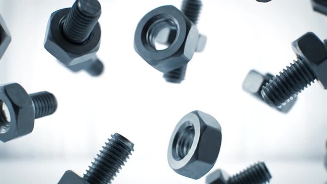 Spinning metallic nuts and bolts floating in air with soft light and blue backgrounds, showcasing industrial hardware fastener components in sharp focus and dynamic detailed close up motion
