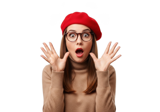 Surprised woman with red beret and glasses, hands up, shocked expression, png image, clipart, isolated on transparent background