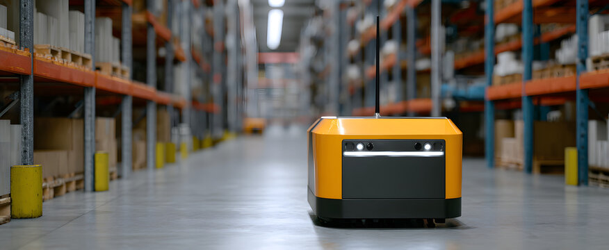Autonomous self-driving robot smoothly moving heavy inventory across expansive warehouse floors
