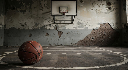 Weathered Court Basketball Dream A vintage basketball against a grungy wall under a faded hoop