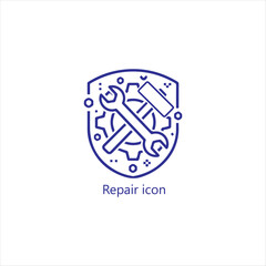 Blue shield repair service icon with wrench, hammer and gear, line style protection symbol for maintenance, warranty, security design

