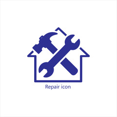 Blue house repair service icon with hammer and wrench, home maintenance symbol for construction, renovation, handyman logo design projects

