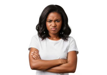 Annoyed african american woman with arms crossed, frowning, negative emotion, portrait, png image, isolated on transparent background