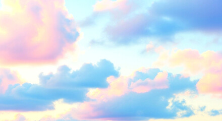 Soft pastel pink and blue cumulus clouds fill the sky during sunset or sunrise