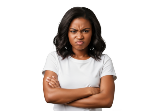 Annoyed african american woman with arms crossed, frowning, negative emotion, portrait, png image, isolated on transparent background