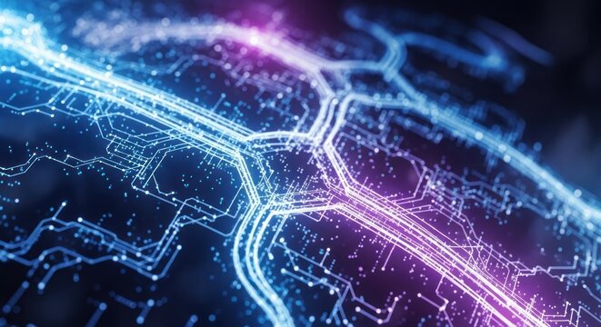 Abstract glowing digital circuit lines with bokeh light effects.