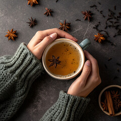 top view hands holding cup with tea and star anise