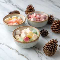 Turkish delights and marshmallows in small bowl
