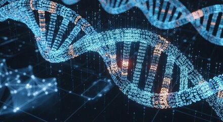 Digital dna helix structure composed of glowing binary code numbers