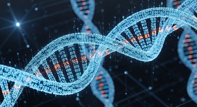 Digital dna helix structure composed of glowing binary code data