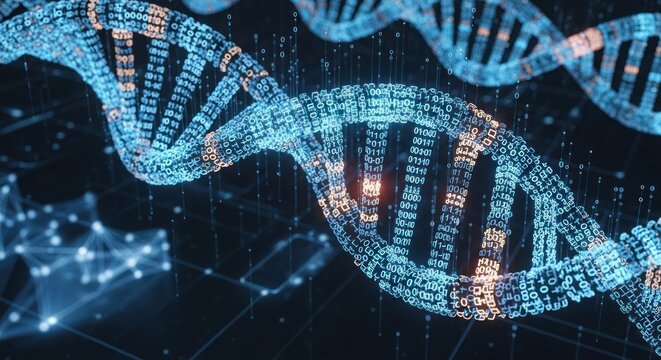 Digital dna helix structure composed of glowing binary code numbers