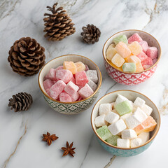 Turkish delights and marshmallows in small bowl