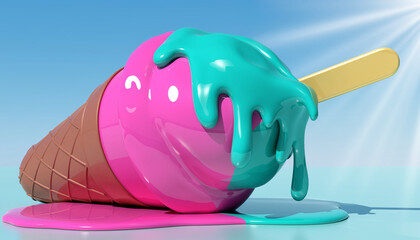 Vibrant melted ice cream in summer heat showcases playful dessert concept, perfect for branding, advertisements, or social media marketing campaigns