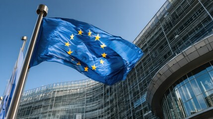 EU Flag Waving Against Modern Parliament Building on Sunny Day Symbolizes Freedom and Unity in Europe