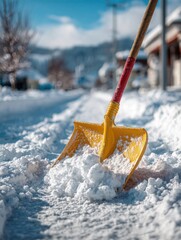 Yellow snow shovel clearing pathway after heavy snowfall in cold suburban neighborhood