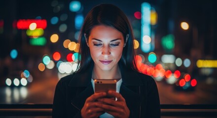Woman uses smartphone outdoors against a vibrant city night bokeh background.