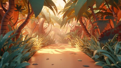 Serene Path Through Lush Tropical Jungle with Soft Light Effects