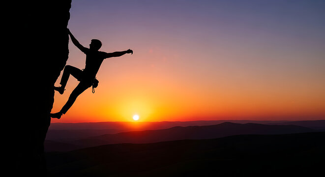 Vibrant sunset frames a determined rock climber's silhouette, embodying a thrilling outdoor adventure and personal triumph - Powered by Adobe
