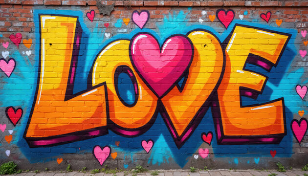 Large graffiti spelling LOVE in bright orange and yellow letters on a blue brick wall. Pink hearts surround the word and add a playful touch. Urban art expresses affection and joy.