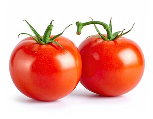 Pair of Fresh Red Tomatoes on White Background with Green Stems and Subtle Shadows Minimalist Food Photography Close Up