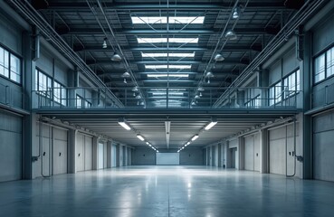 Fototapeta premium Vast empty industrial hall with mezzanine and skylights at night. Concrete floor reflects overhead lights. Multiple doors line the walls. Open space ready for use or renovation.