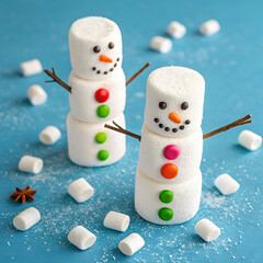 two happy funny marshmallow snowmen marshmallow