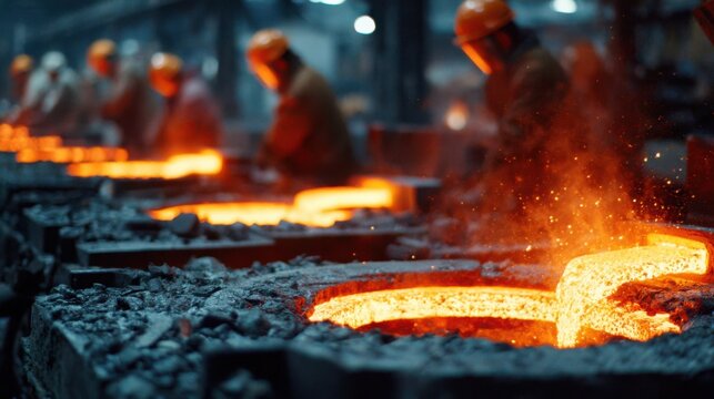 Molten metal being poured in foundry with workers in protective equipment and sparks flying